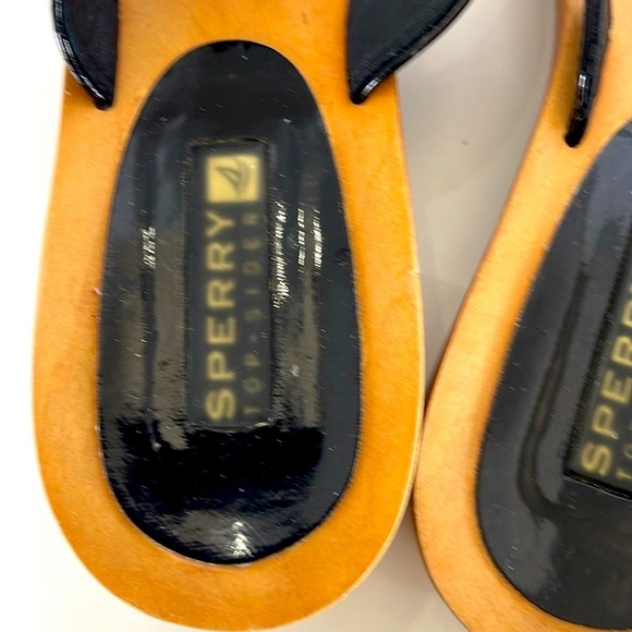 Sperry Top Sider Black and Tan Striped Wooden Sandals Size 7 Flip Flop Slip On - Picture 7 of 14